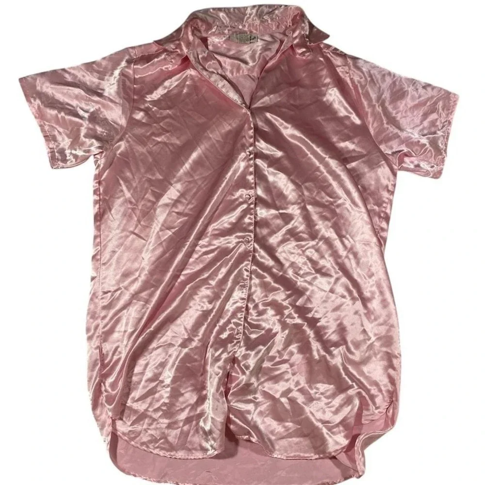 Vintage Pink Satin Short Sleeve Button Down Nightgown Girly Coquette‎ L